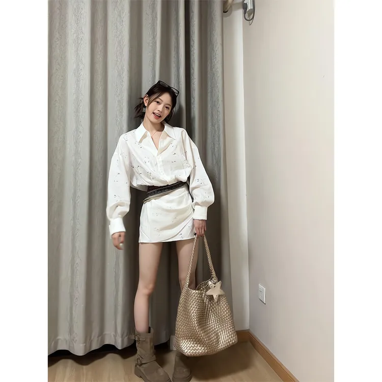 2025春夏季新款镂空长袖衬衫连衣裙白色辣妹短裙收腰修身显瘦裙子