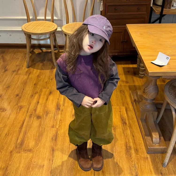 壹妈时髦复古套装秋冬季女童紫色针织马甲背心打底衫纯色裤子