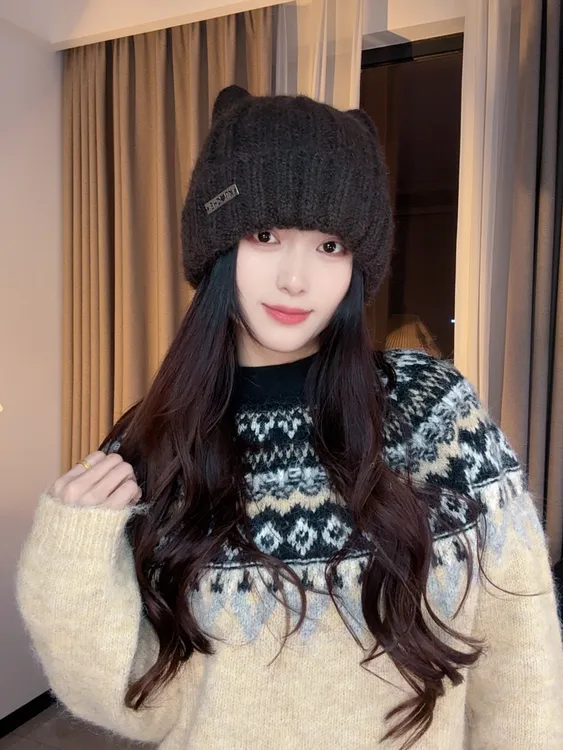 韩系可爱猫耳朵帽子针织帽冬帽女保暖防寒护耳毛线帽大头围显脸小
