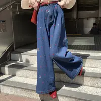 现货【一生罗曼】法式新款女KT小猫刺绣直筒阔腿休闲牛仔长裤K710