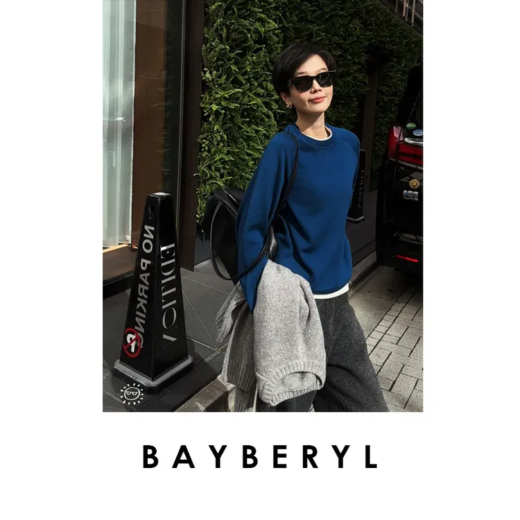 BAYBERYL老贝极简多巴胺*交叉圆领插肩羊毛针织衫ZZS5J1502-11/2