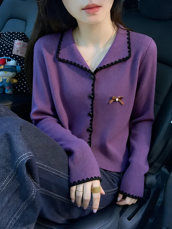 韩里韩气紫色撞色边翻领针织开衫女2025冬季新款气质时髦百搭上衣