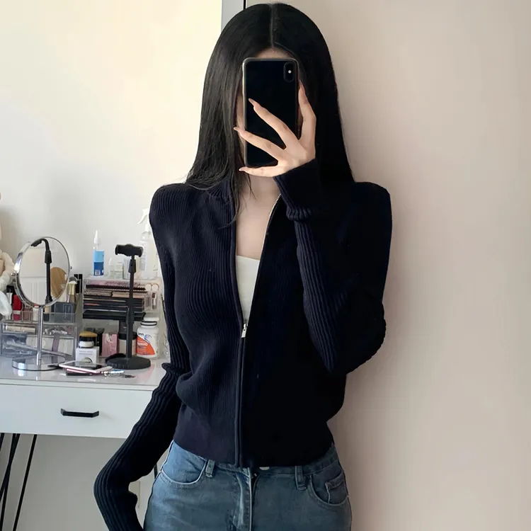 韩版软糯拉链针织衫女士秋冬新品内搭休闲学院风毛衣外套卫衣上衣
