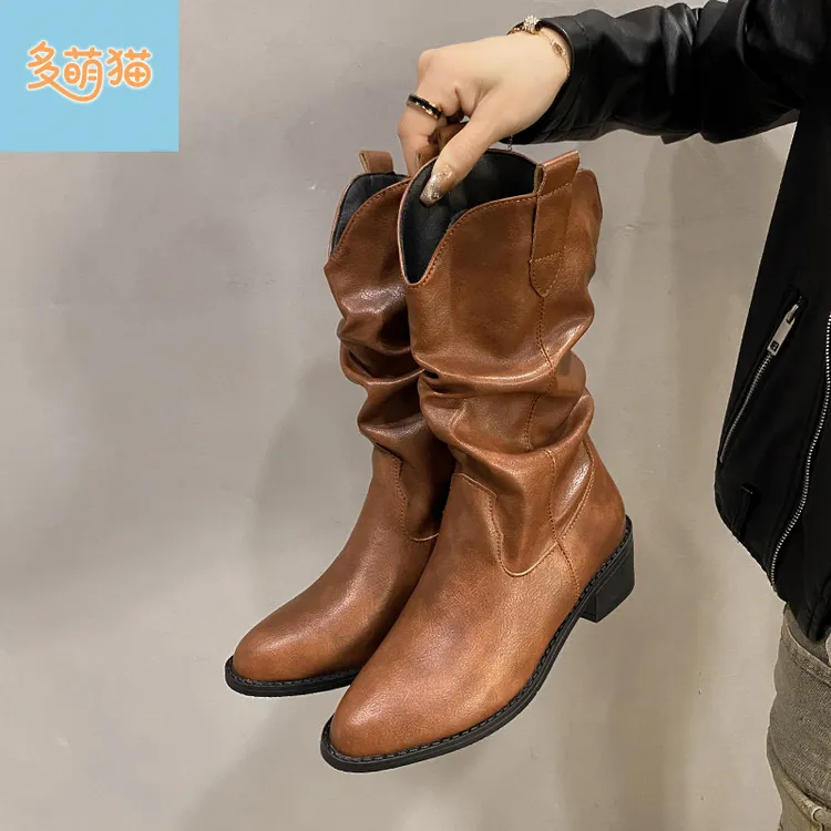 2025秋冬新款中筒靴粗跟尖头英伦风复古牛仔西部靴小个子骑士靴潮