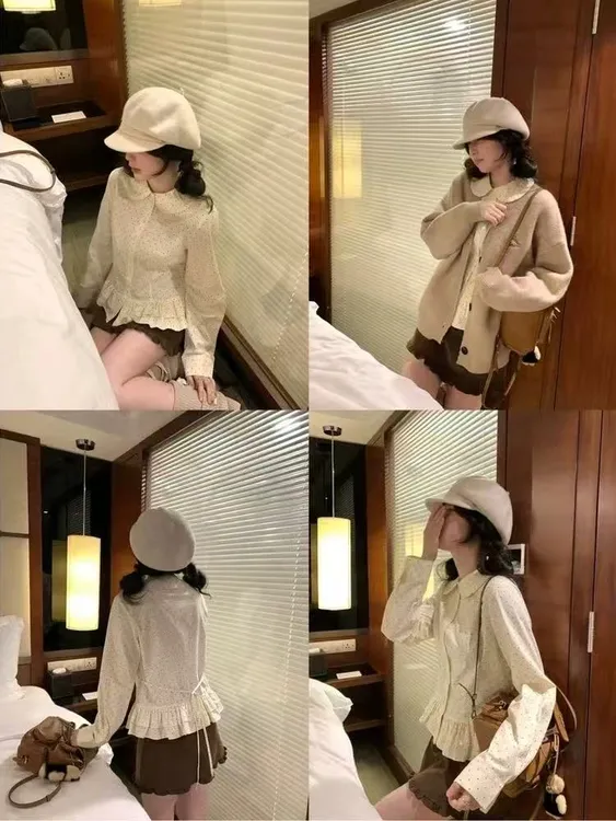 【圆脸鹿】秋季套装胖MM新款针织外套花边收腰衬衫短裙减龄洋气三件套