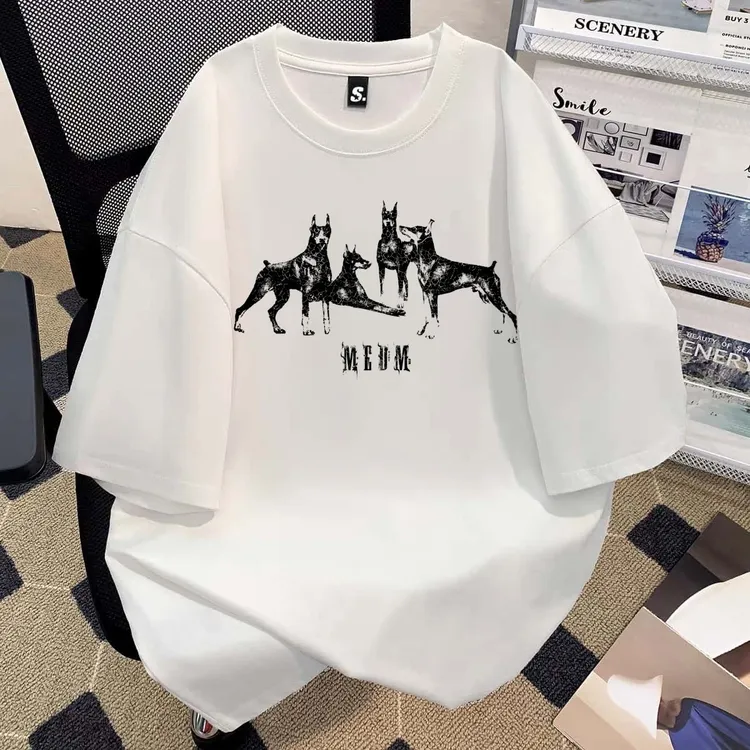 STA.MEDM美式复古杜宾犬印花高街短袖T恤男女宽松设计感上衣情侣