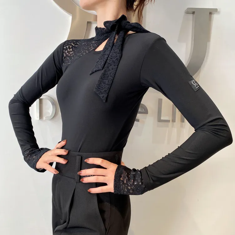 GR1203修身简约蕾丝拼接绑带连体上衣摩登舞国标舞