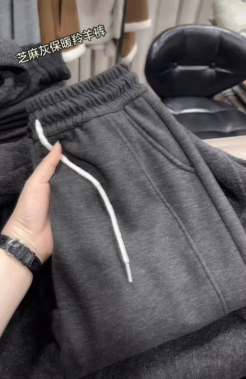 米蓝家名殿！冬款必备加厚羚羊裤芝麻灰显瘦阔腿裤宽窄版裤子女008