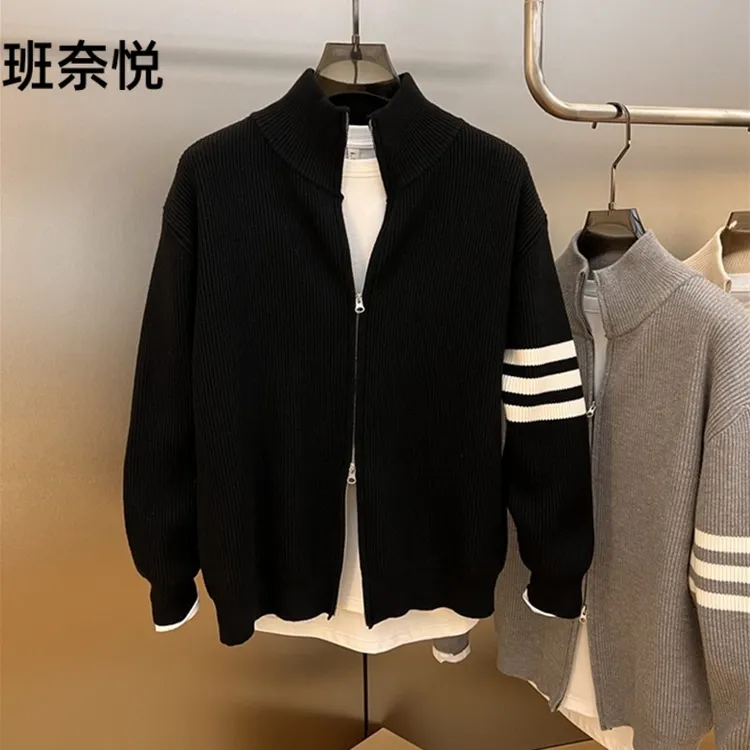 秋冬百搭四条杠外套针织衫开衫时尚潮流男装加厚保暖上衣夹克外穿