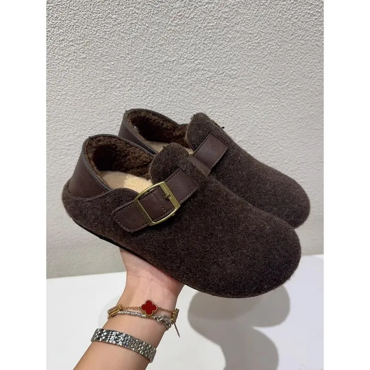 内增高加绒毛呢勃肯鞋女2025冬季新款复古一脚蹬懒人豆豆鞋棉鞋子