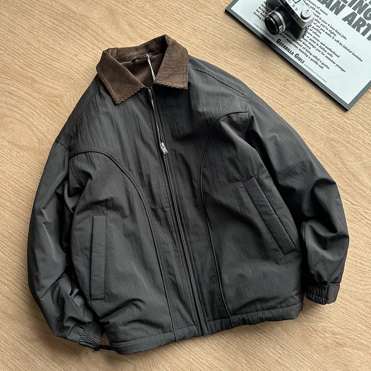 美式潮牌拼接翻领羽绒服男冬季休闲廓形宽松90白鸭绒保暖工装外套