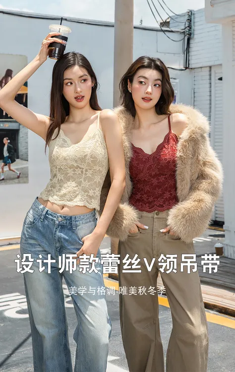 UGan法式v领秋冬保暖蕾丝背心内衣女2025爆款吊带细肩带免穿文胸