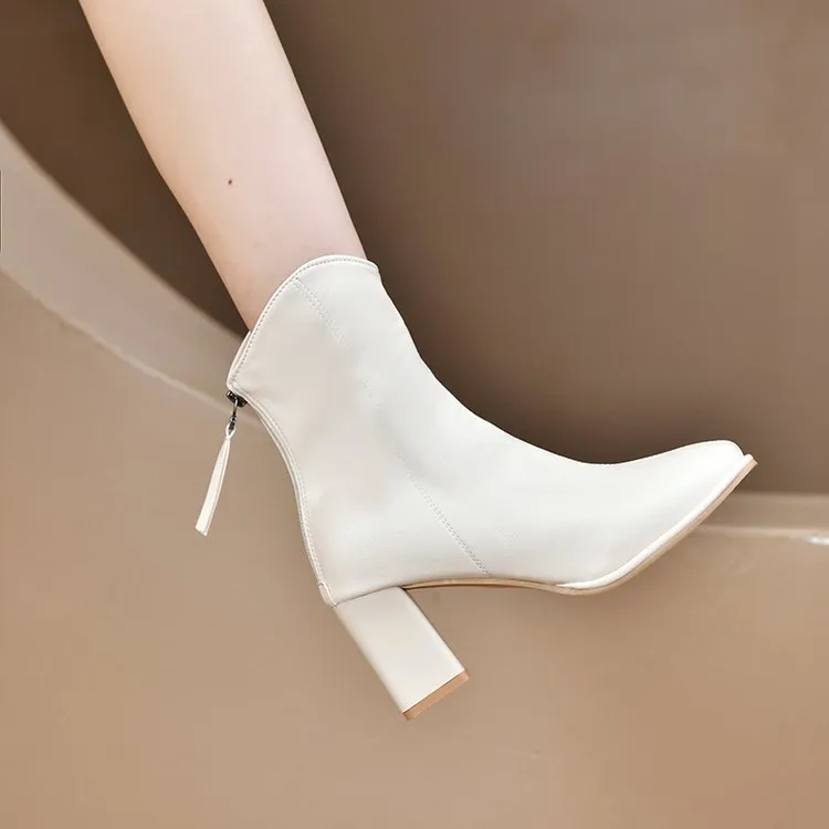 瘦瘦靴粗跟法式小香风瘦瘦靴时尚秋冬时装靴方头白色时尚百搭真皮