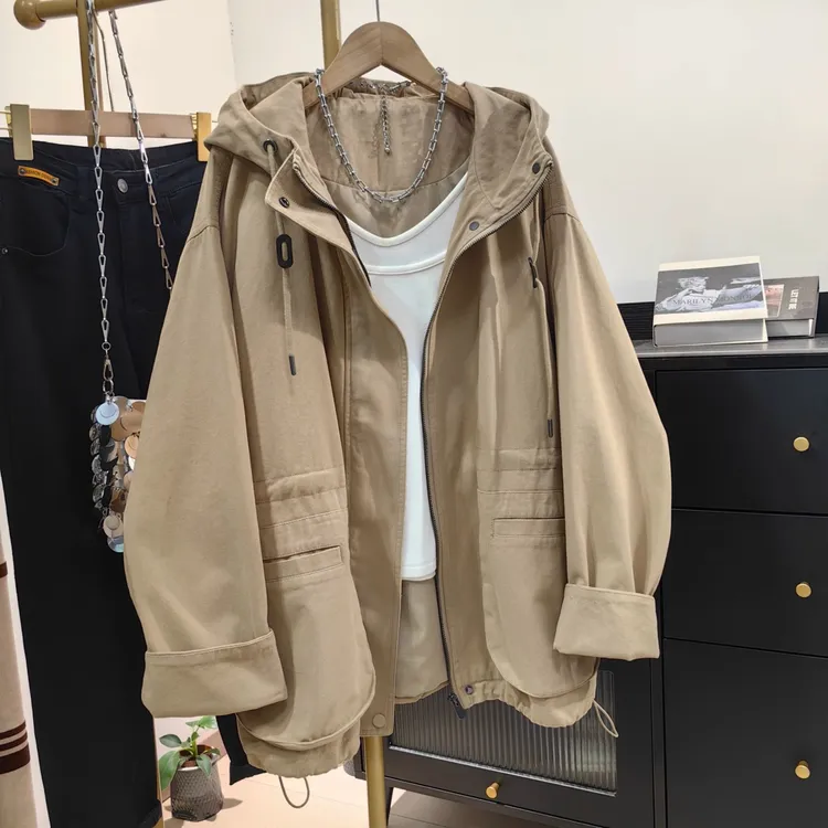 卡其色连帽外套女秋新款韩系休闲宽松高级感男友风小个子工装上衣