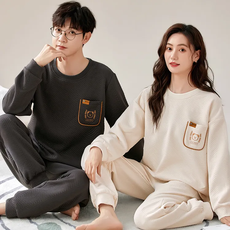 浪莎空气棉情侣睡衣秋冬夹层加厚长袖套头宽松大码简约家居服套装