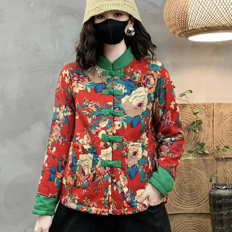 秋季新款东北大花立领加绒新中式复古拼接民族风保暖女装外套
