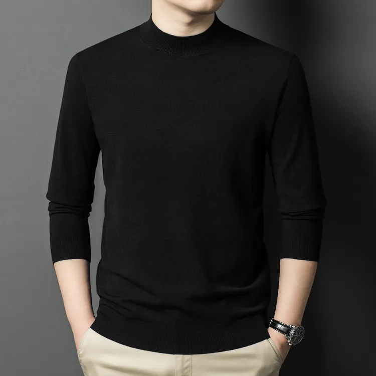 鄂尔多斯市产100%精纺男士薄款半高领毛衣中年冬打底针织衫
