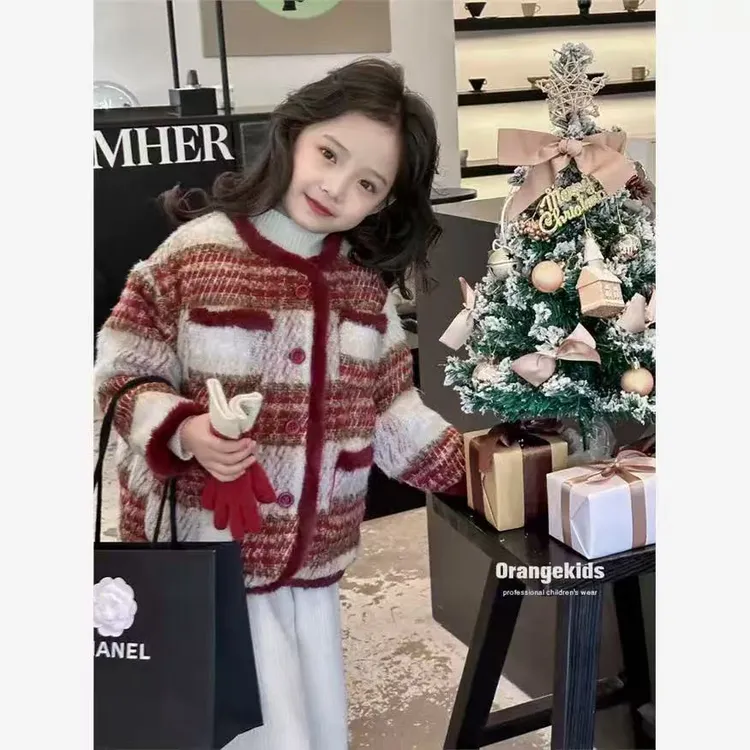 外套冬季小香风B类格子呢大衣韩版秋冬宽松女童加厚撞色上衣开衫