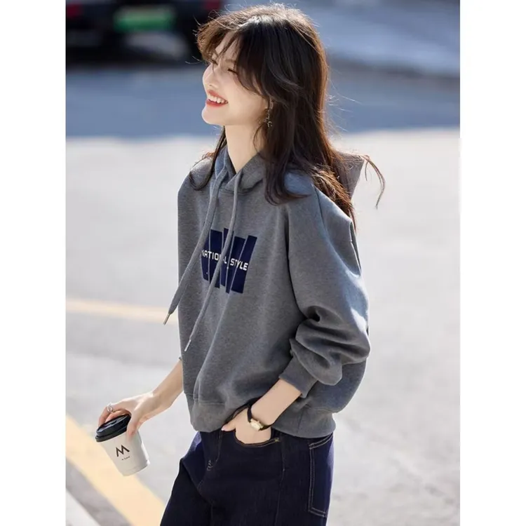 秋季印花灰色宽松女长袖连帽卫衣女美式连帽休闲百搭秋冬加绒