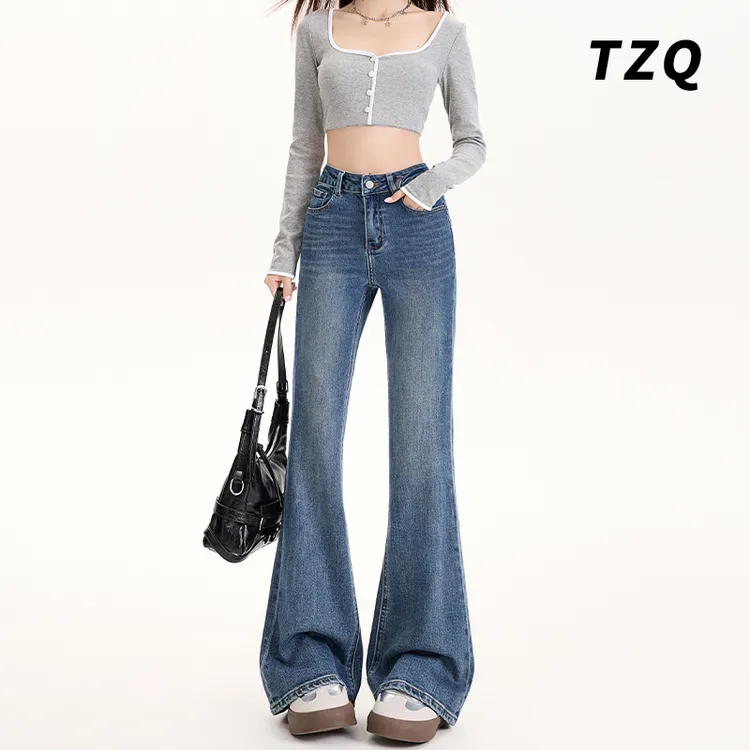 复古蓝弹力牛仔裤春季2025新款显瘦设计感拖地喇叭裤子TZQ2511556