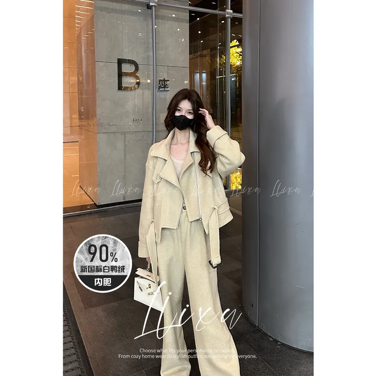 Liixu小个子毛呢羽绒内胆短外套女显瘦阔腿裤腰带三件套L48TZ051