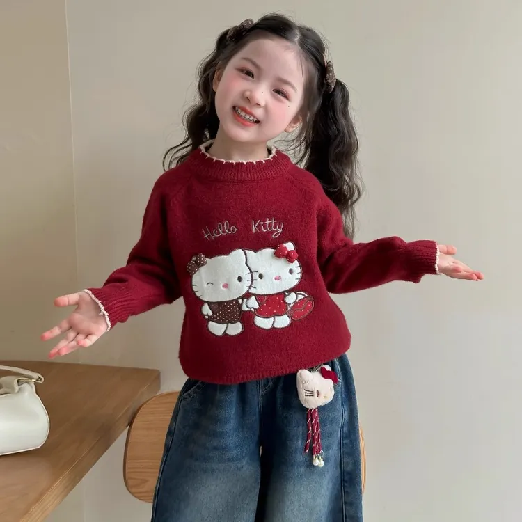 女童毛衣加厚秋冬款2025新款儿童冬装女宝宝拜年红色过年服打底衫