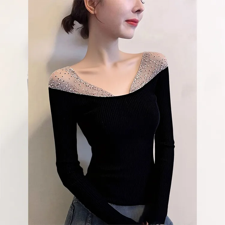 独特漂亮网纱烫钻内搭针织小衫韩系秋冬女装洋气高贵黑色打底上衣
