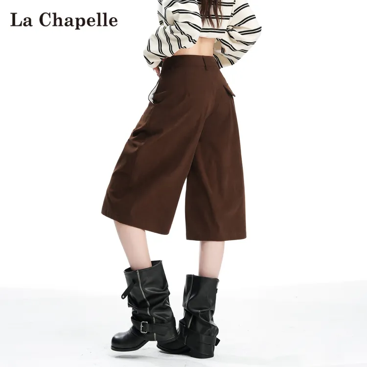 拉夏贝尔美拉德咖色阔腿裤女2025春秋新款高腰显瘦灯芯绒七分裤子