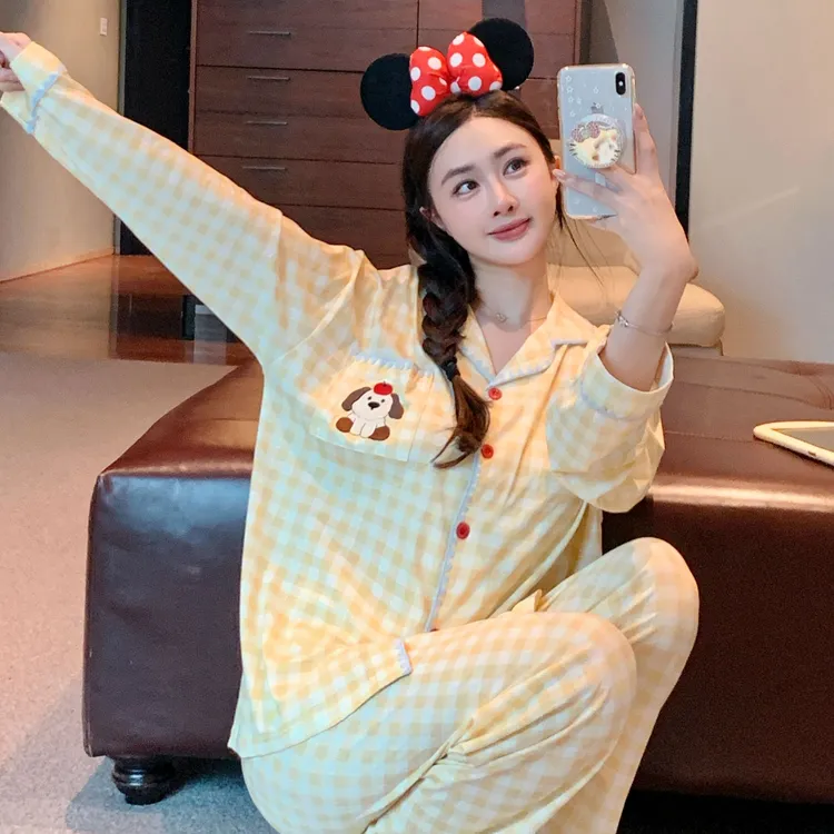 【苹果小狗】卡通泡泡绵睡衣女款春秋长袖格纹宽松可外穿家居服套装