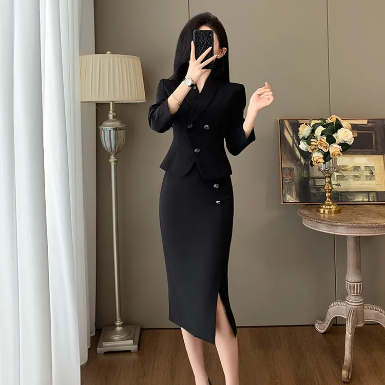 秋季长袖时尚御姐轻奢小香风职业西装外套女气质高腰半身裙两件套