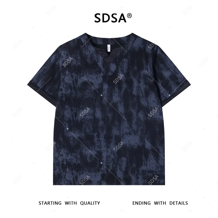 夏季高级感新款男士美式扎染拼接V领设计短袖T恤痞帅高街时尚上衣