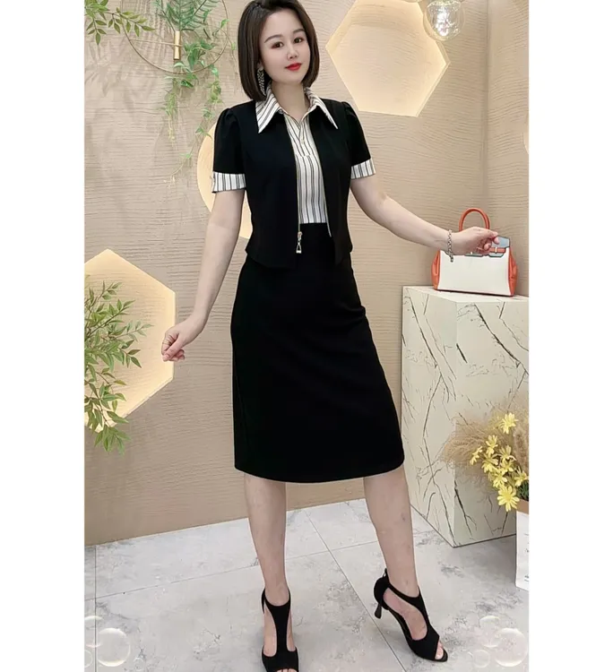 【雅俪莎精选】2025春秋时尚大方气质假两件短袖连衣裙7901