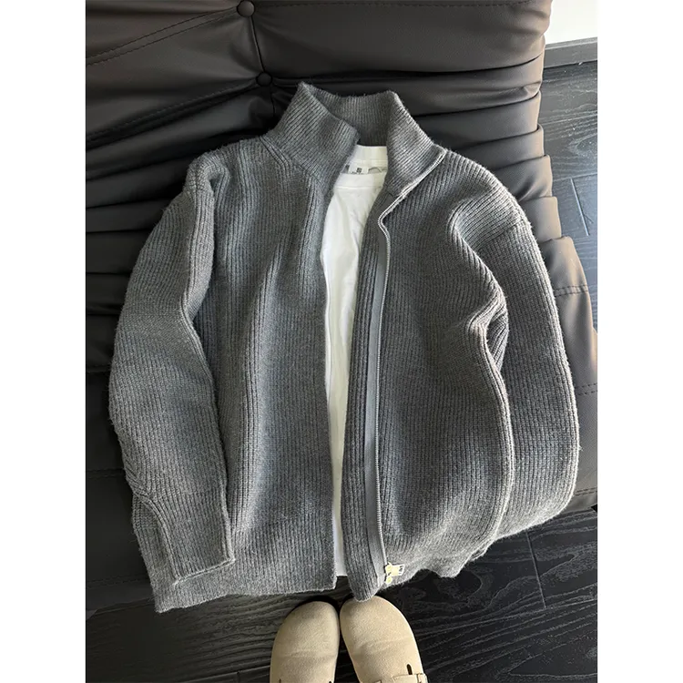 灰色开衫毛衣男秋季慵懒风高领针织打底衫美式重磅双拉链情侣外套