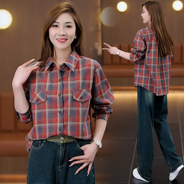时尚休闲百搭格子衬衫女2025春季新款韩版Polo领长袖开衫气质上衣