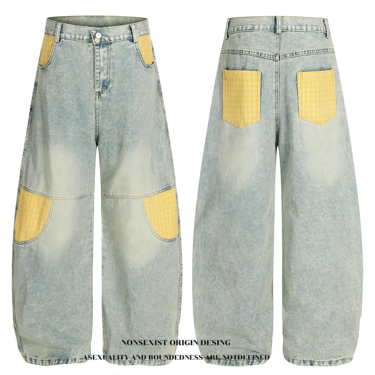 NONSEXIST 原创国潮多巴胺糖果色拼接格子弯刀牛仔裤男女解构长裤