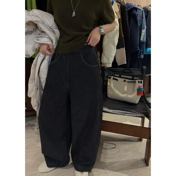 加绒复古撞色线跨裤牛仔裤  J25KZ809