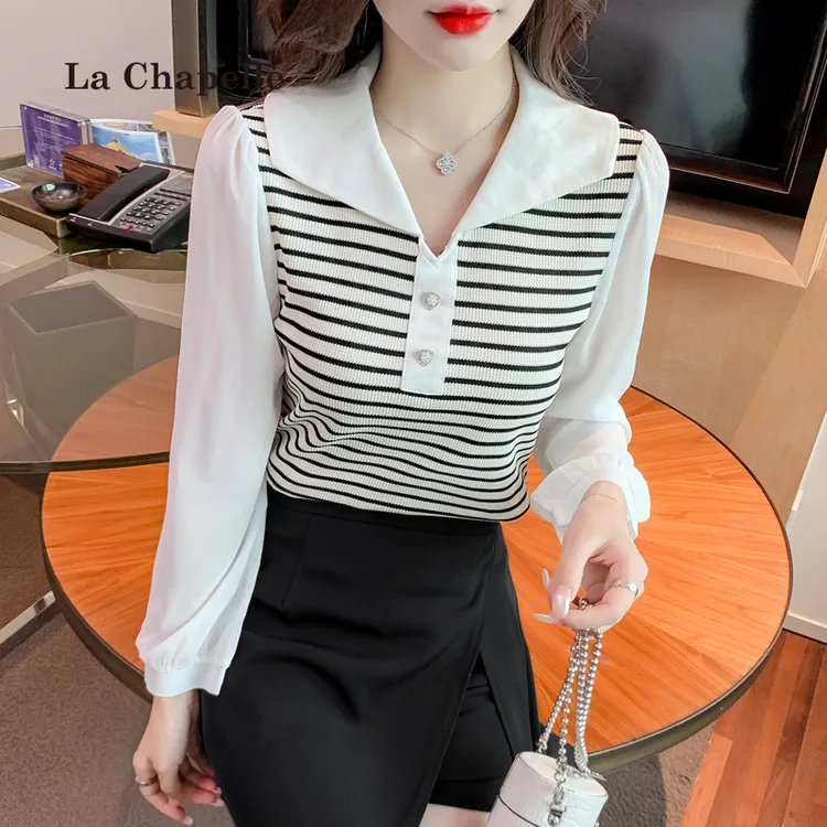 拉夏贝尔秋季25新款条纹T恤女假两件短款泡泡袖冰丝针织打底上衣