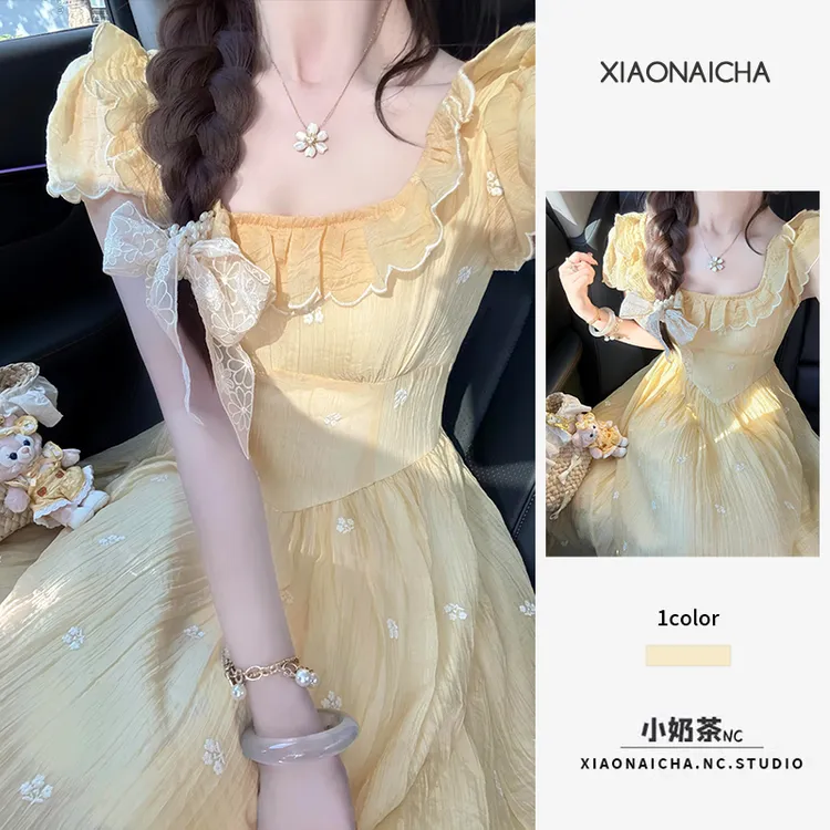 法式黄色1/4寸套筒扳手袖碎花洋装女夏季高级感收腰显瘦泡泡袖仙