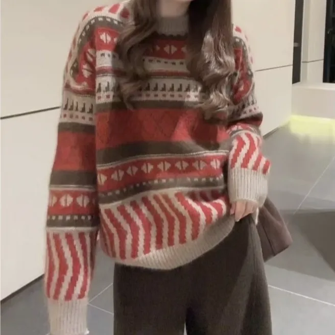 小众设计慵懒风费尔岛拼色圆领宽松几何图案针织衫条纹毛衣#A5181