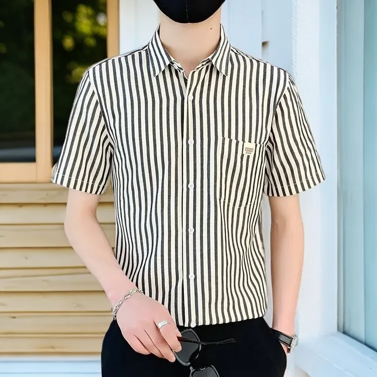 薄款夏季时尚衬衣男士短袖条纹衬衫男短袖上衣网红洋气炸街男装