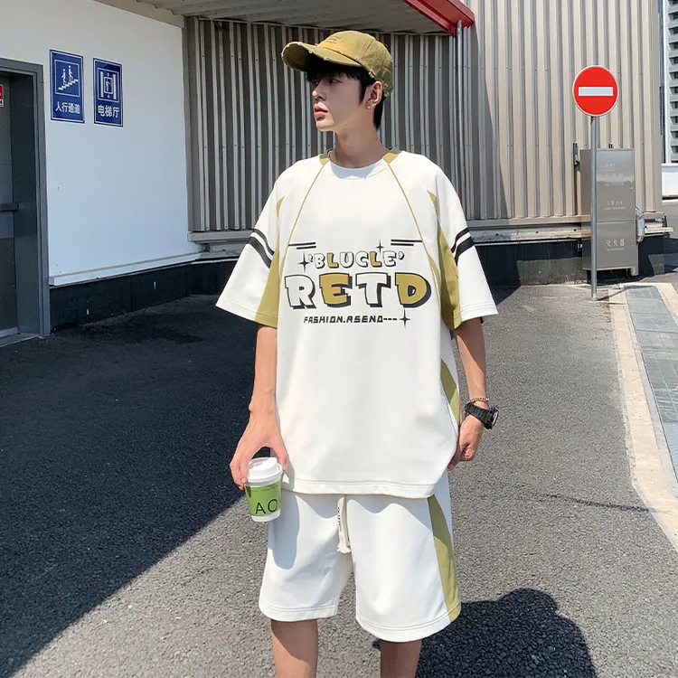 2025夏季新款青少年时尚圆领短袖短裤套装男宽松拼接潮牌时尚套装