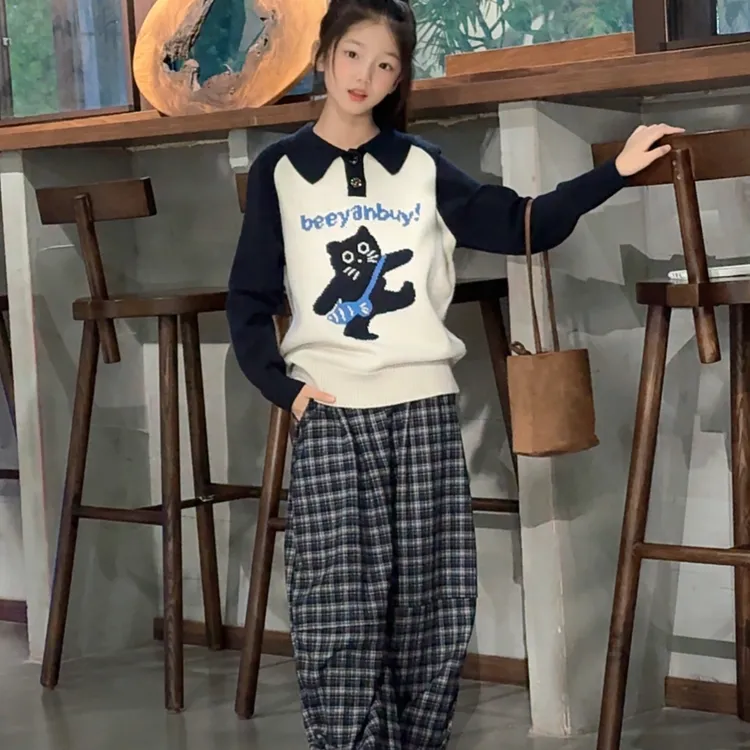 女童秋季韩版休闲毛衣套装2025新款女大童时髦洋气儿童秋装两件套