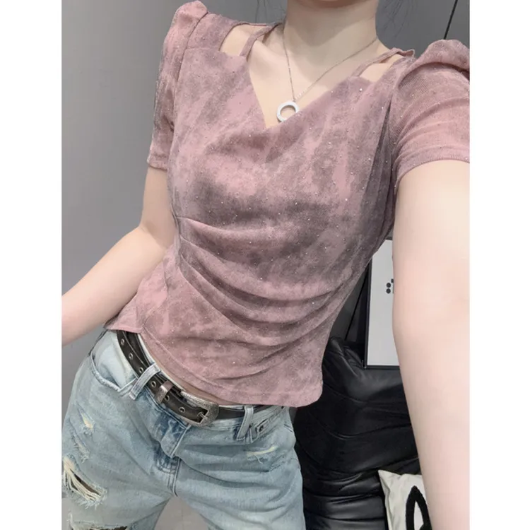 露锁骨V领短袖T恤女设计感褶皱气质百搭紧身收腰泡泡袖上衣夏欧货