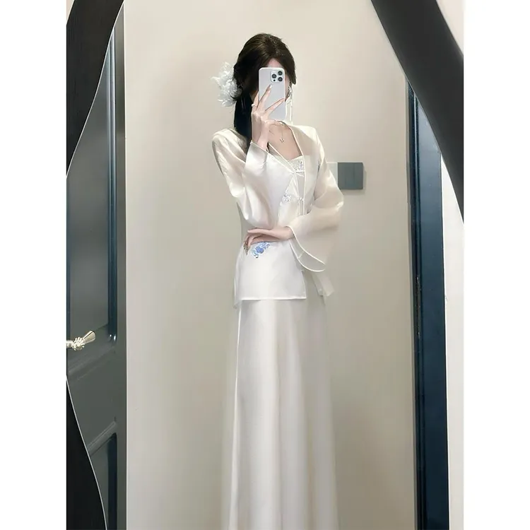 夏季新中式国风女装高端精致高级感醋酸缎面白色吊带连衣裙两件套
