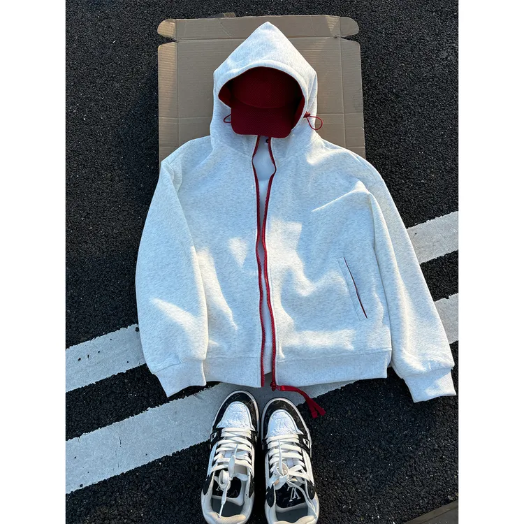 美式复古拼接连帽卫衣男秋季慵懒情侣装上衣oversize重磅开衫外套
