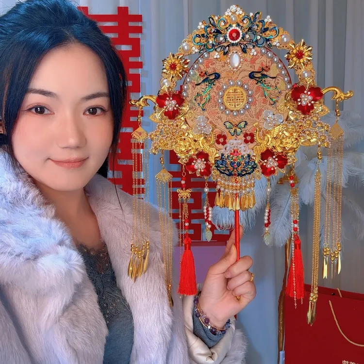 中式新娘结婚团扇手工DIY材料包成品双面双色高级重工秀禾服喜扇