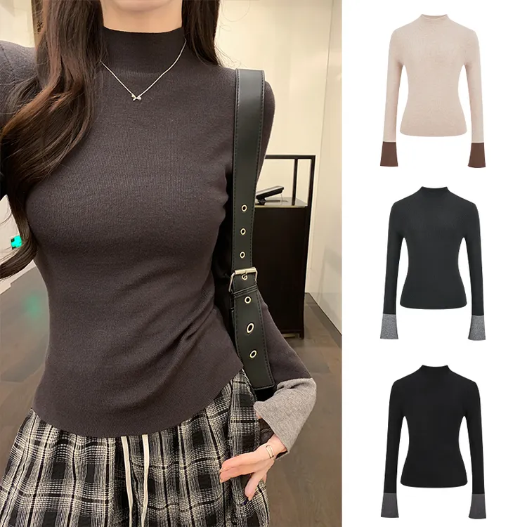 Moses Queen/魔西女王撞色半高领针织毛衣女秋冬修身洋气内搭上衣