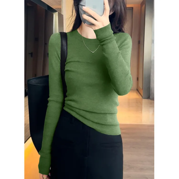 简约长袖高级修身气质上衣2025年圆领秋季新款显瘦内搭女装打底衫