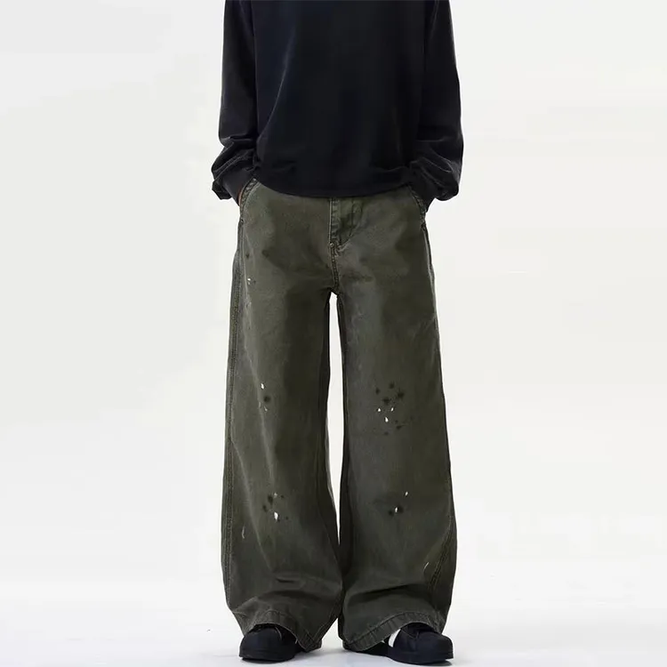 美式复古泼墨宽松工装牛仔裤男女vintage水洗做旧阔腿直筒裤子潮