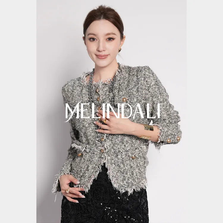 Melinda Li【万花筒】法式彩葱肌理花纱拉毛流苏小香风针织外套秋冬